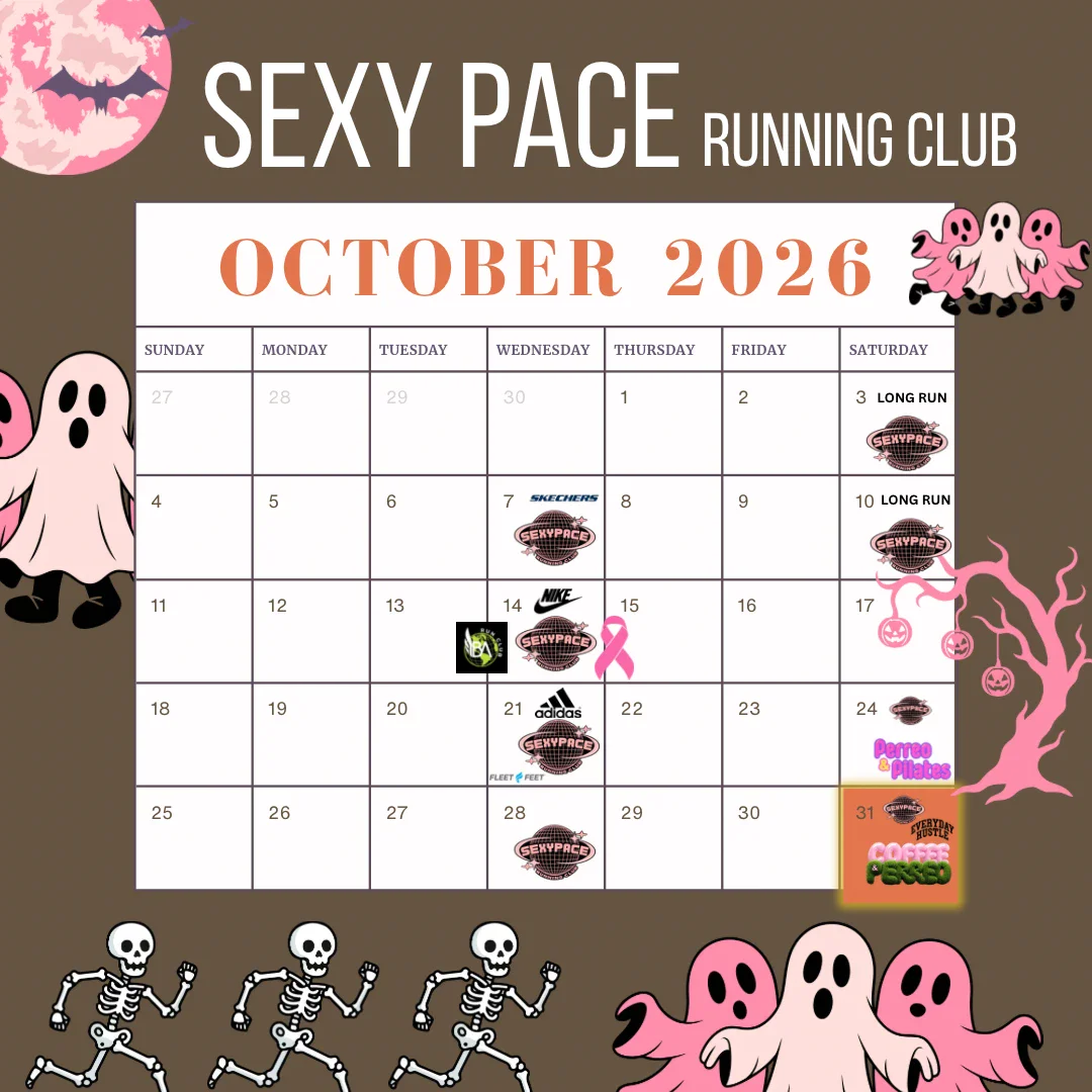 Sexy Pace Running Club October 2026 calendar: Wednesday runs Oct 7, 14, 21 and 28 (Skechers, Nike and adidas logos on the first three), Saturday long runs Oct 3 and 10, Perreo & Pilates Oct 24, Coffee & Perreo Oct 31